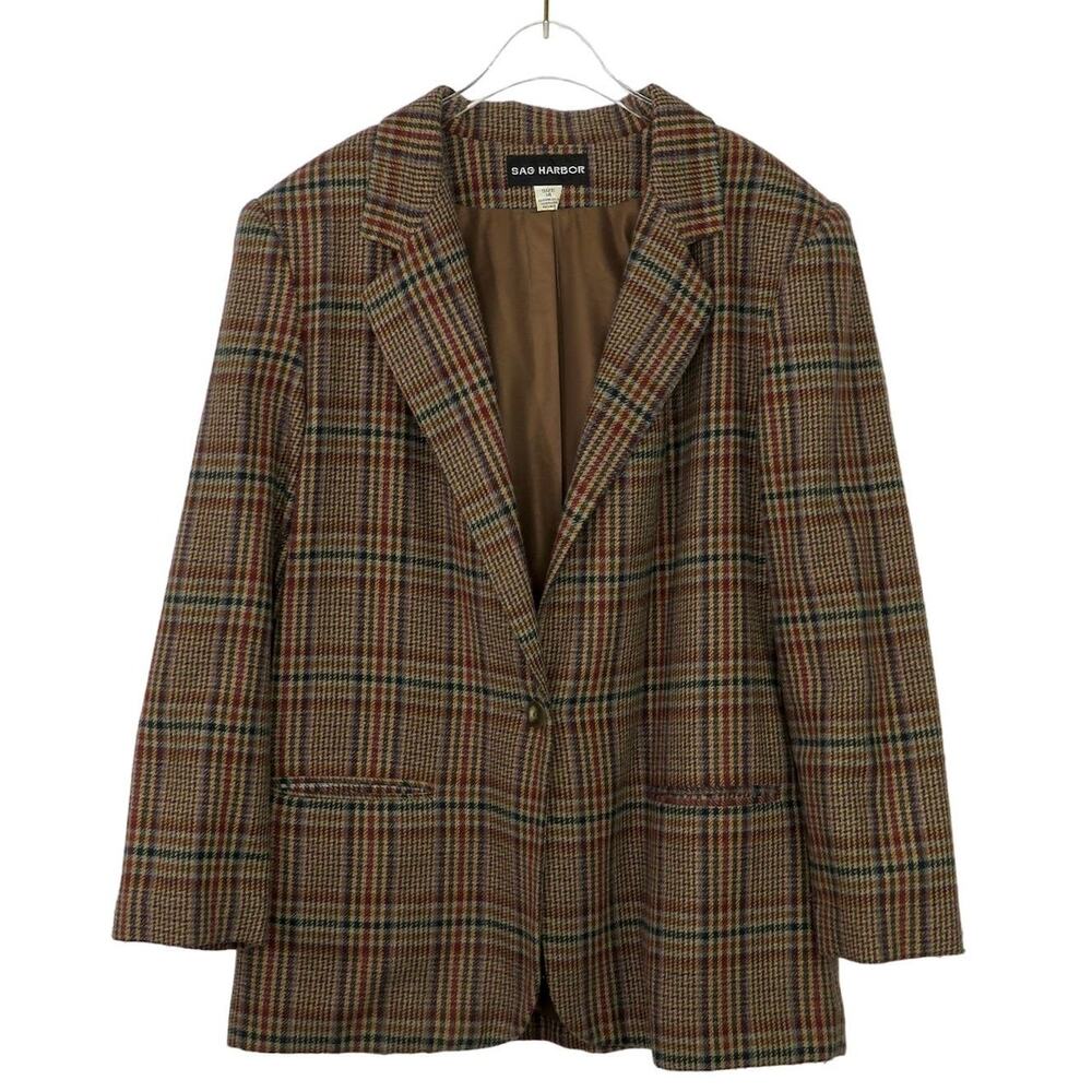 Sag Harbor 90s Vintage Brown Plaid Blazer Jacket Dark Academia Large Retro